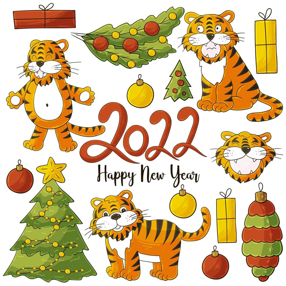 Symbol of 2022. Illustration with tiger in hand draw style. New Year 2022 vector