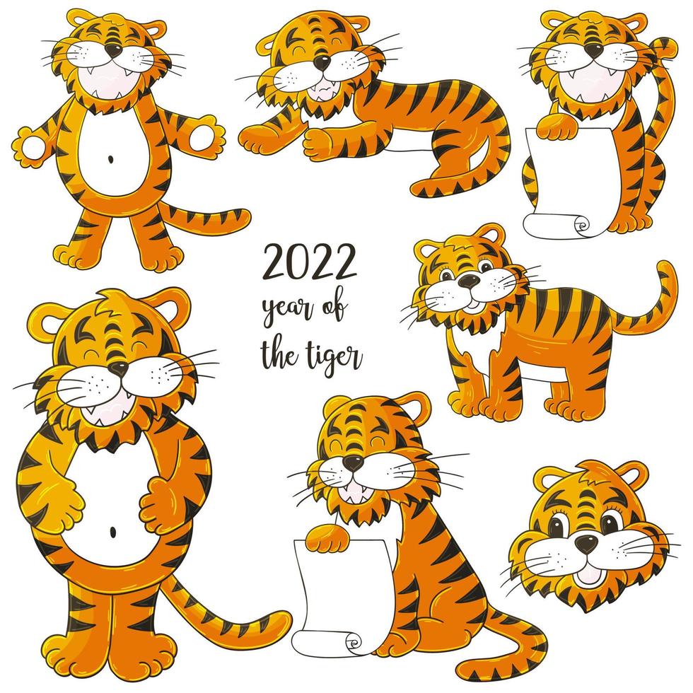 Symbol of 2022. Illustration with tiger in hand draw style. New Year 2022 vector