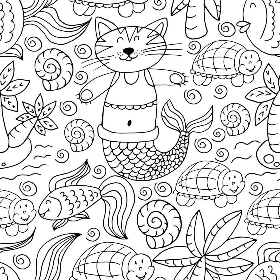 Vector Seamless pattern in hand draw style. Liner illustration. Pattern, background on the marine theme