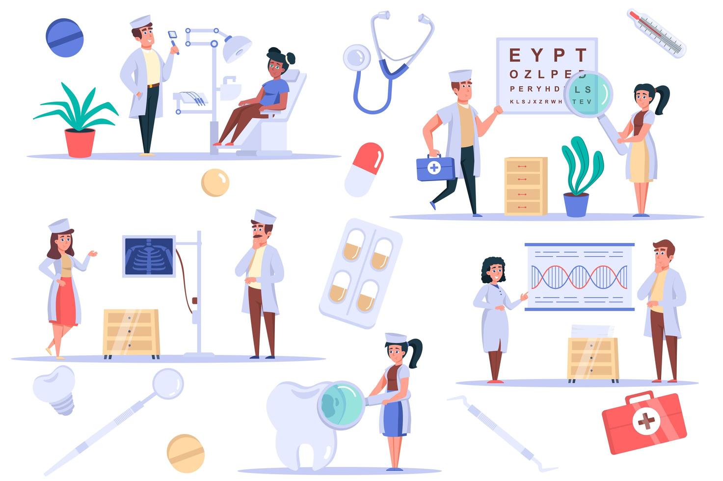 Medical clinic isolated elements set. Bundle of patient at dentist and ophthalmologist office, x-ray room, scientists are studying DNA. Creator kit for vector illustration in flat cartoon design