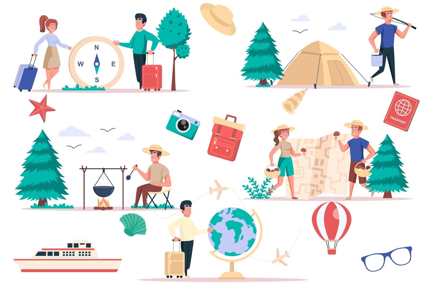 conjunto de elementos aislados de turismo y camping. grupo de personas van de excursión, se relajan en tiendas de campaña en la naturaleza, recogen setas, cocinan, viajan por el mundo. kit de creador para ilustración vectorial en diseño plano de dibujos animados vector