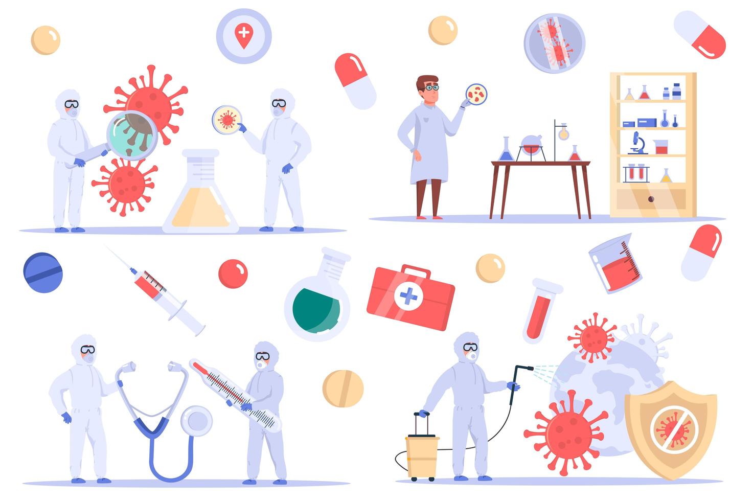 Conjunto de elementos aislados de coronavirus. grupo de científicos estudian el virus en el laboratorio, desarrollan una cura, crean una vacuna y luchan contra la enfermedad del covid 19. kit de creador para ilustración vectorial en diseño plano de dibujos animados vector