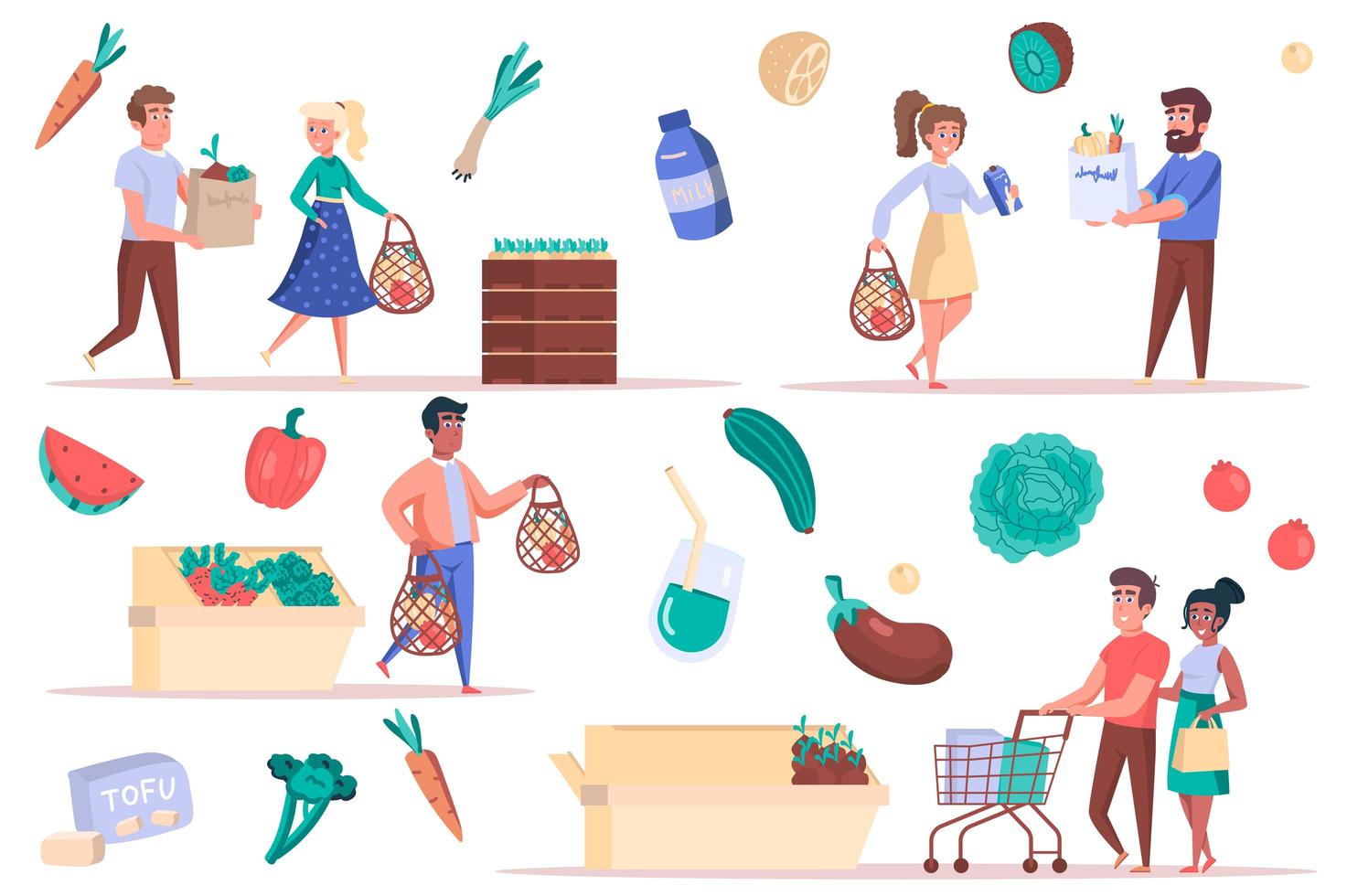 conjunto de elementos aislados de compras de comestibles. paquete de hombres y mujeres con bolsas y carritos compran comida, verduras y frutas se encuentran en los mostradores. kit de creador para ilustración vectorial en diseño plano de dibujos animados vector