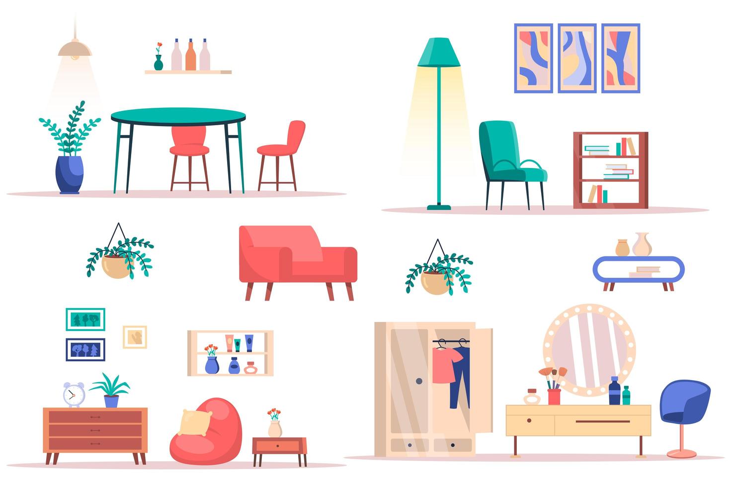 Conjunto de elementos aislados de diseño de interiores de habitación. Paquete de muebles con estilo, plantas y decoración de comedor o sala o vestidor, biblioteca en casa. kit de creador para ilustración vectorial en diseño plano de dibujos animados vector