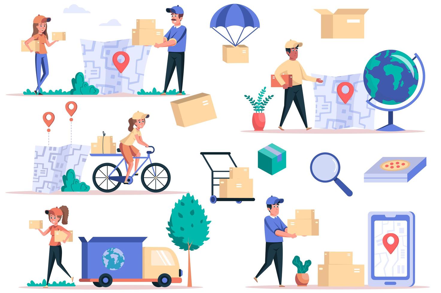 Delivery service isolated elements set. Bundle of couriers delivering parcels, global logistics, trekking mobile app, boxes at warehouse. Creator kit for vector illustration in flat cartoon design