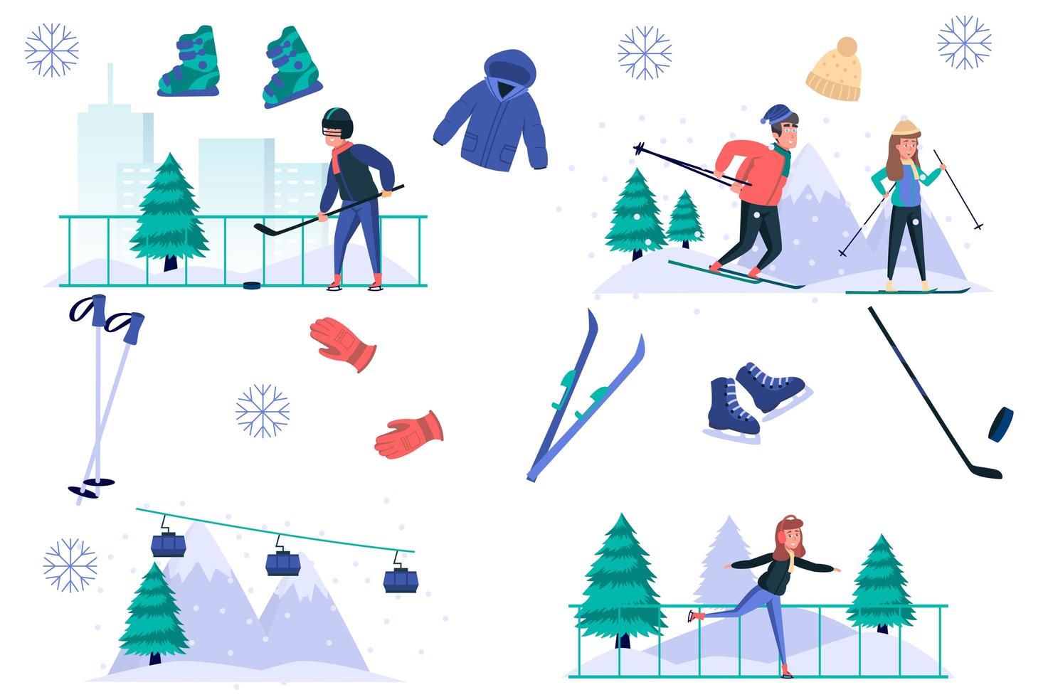 Conjunto de elementos aislados de deportes de invierno. haz de hombres y mujeres esquiando, patinando, jugando hockey, funicular obras, equipo para actividades. kit de creador para ilustración vectorial en diseño plano de dibujos animados vector