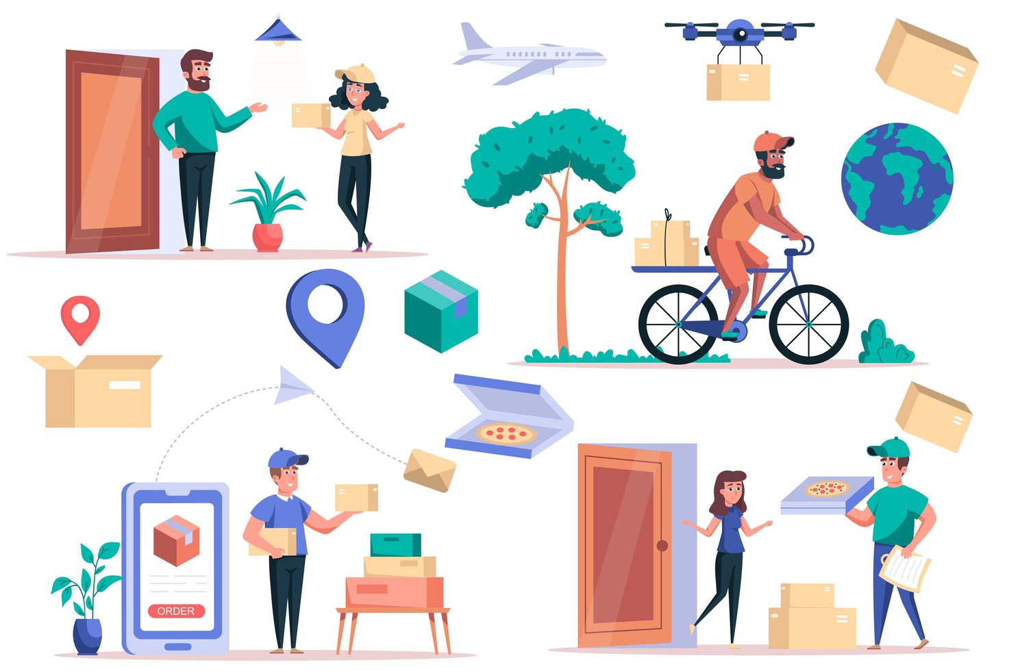 Delivery service isolated elements set. Bundle of couriers deliver parcels or pizza to customers door, flying drone, trekking mobile app. Creator kit for vector illustration in flat cartoon design