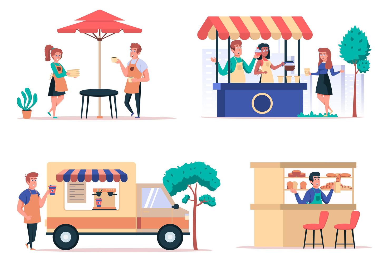 Street food shop isolated elements set. Bundle of cafe with waiters, sale of coffee in kiosk and car, bakery shop, people buy drinks. Creator kit for vector illustration in flat cartoon design