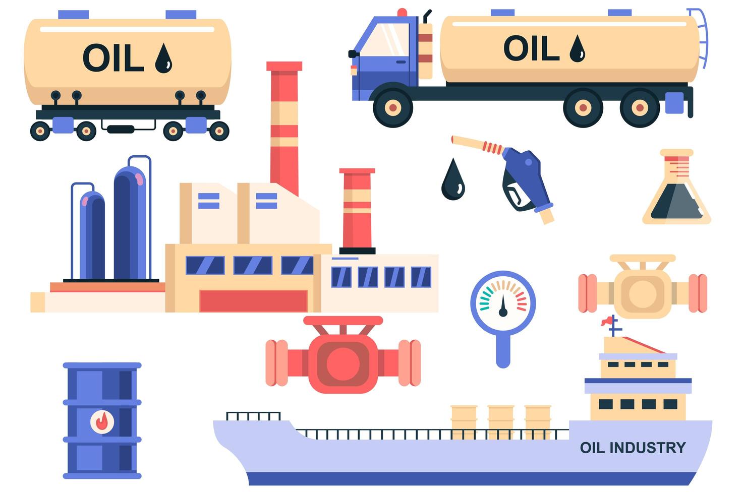 conjunto de elementos aislados de la industria petrolera. haz de petrolero, almacenamiento y transporte en barco, reabastecimiento, planta de producción, barril y otros. kit de creador para ilustración vectorial en diseño plano de dibujos animados vector