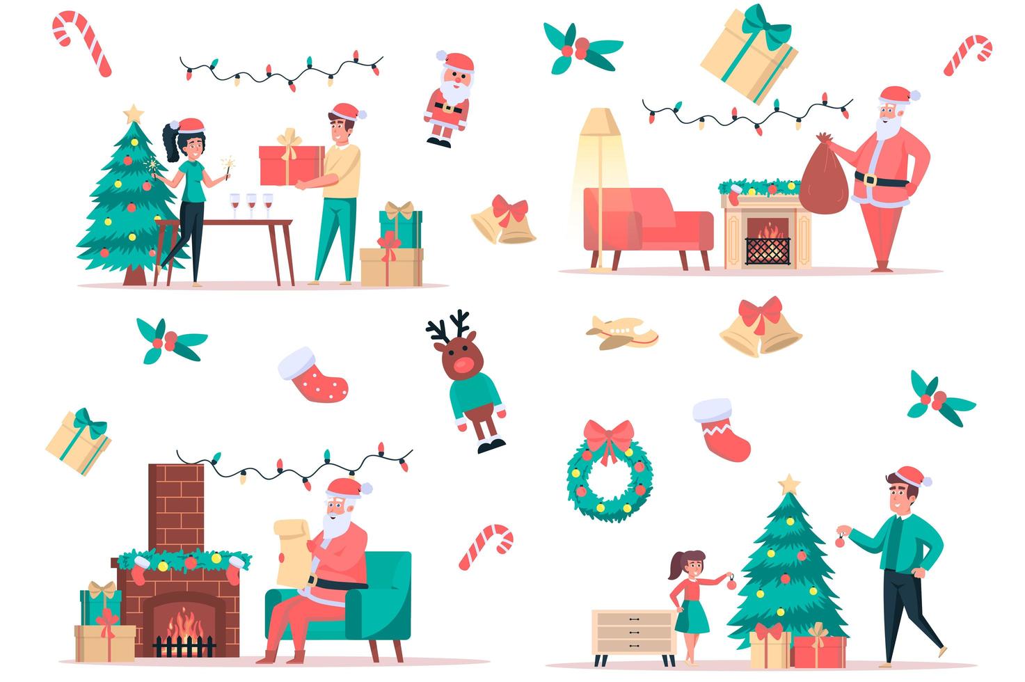 Navidad celebrar conjunto de elementos aislados. paquete de personas dando regalos, santa junto a la chimenea, papá e hija decoran el árbol, fiesta festiva. kit de creador para ilustración vectorial en diseño plano de dibujos animados vector