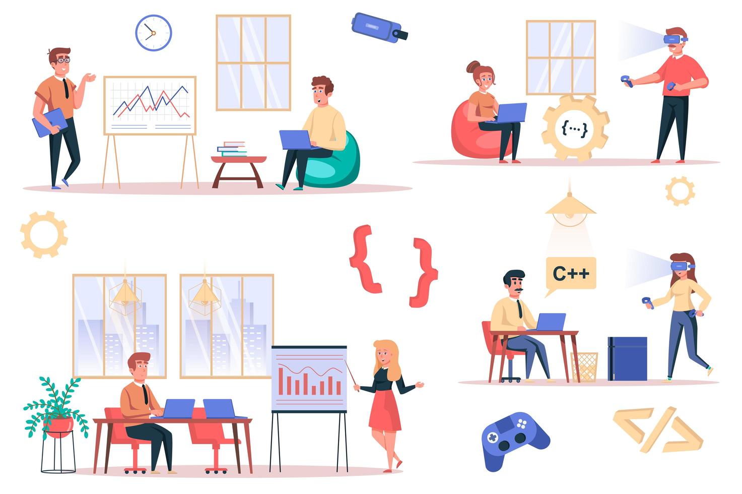 Game developer working isolated elements set. Bundle of employees analyze data, programmers write code, work on projects, gaming industry. Creator kit for vector illustration in flat cartoon design