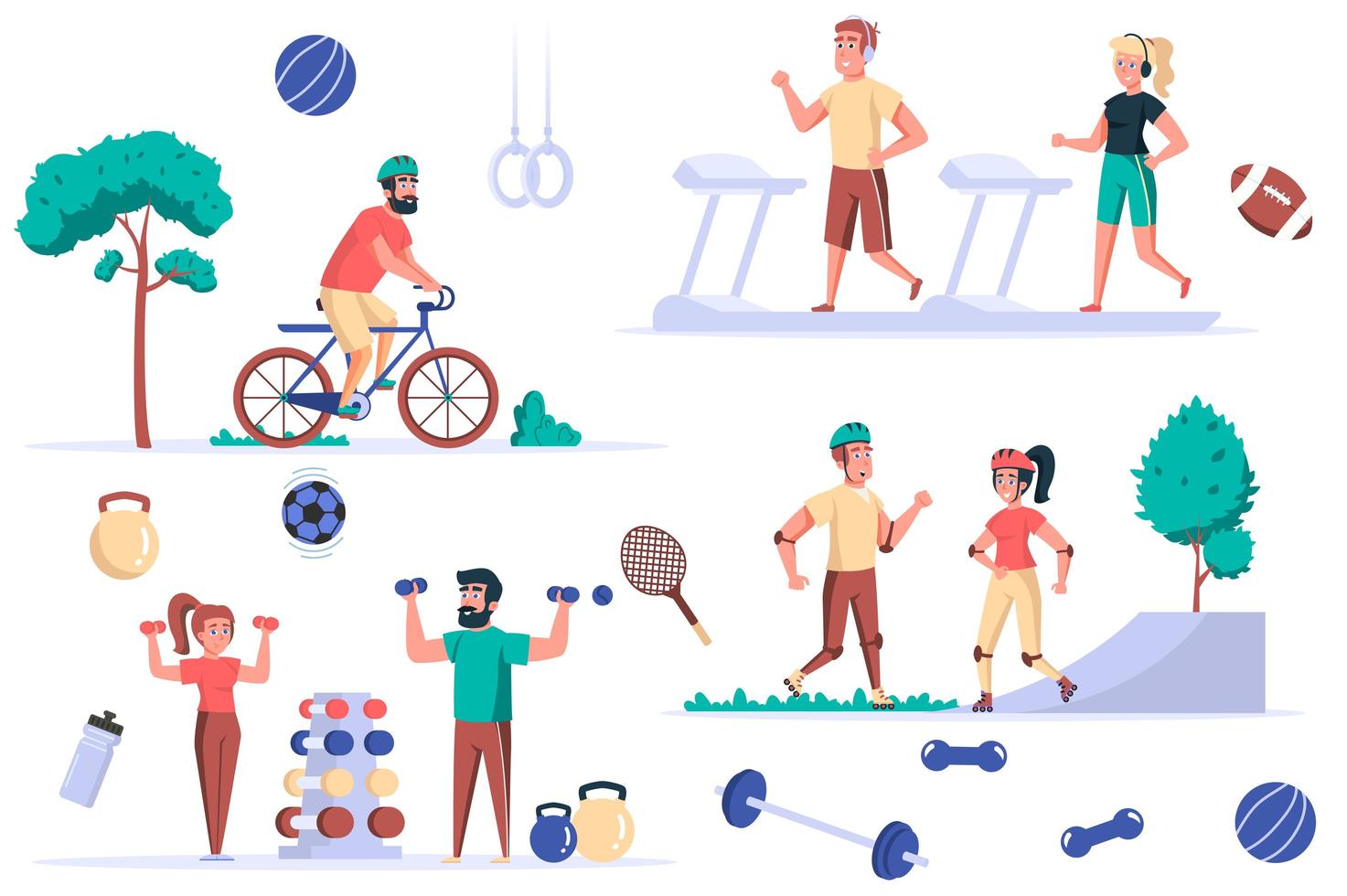 Fitness activity isolated elements set. Bundle of sportive people on treadmills, cycling or rollerblading, dumbbell exercises, gym workouts. Creator kit for vector illustration in flat cartoon design