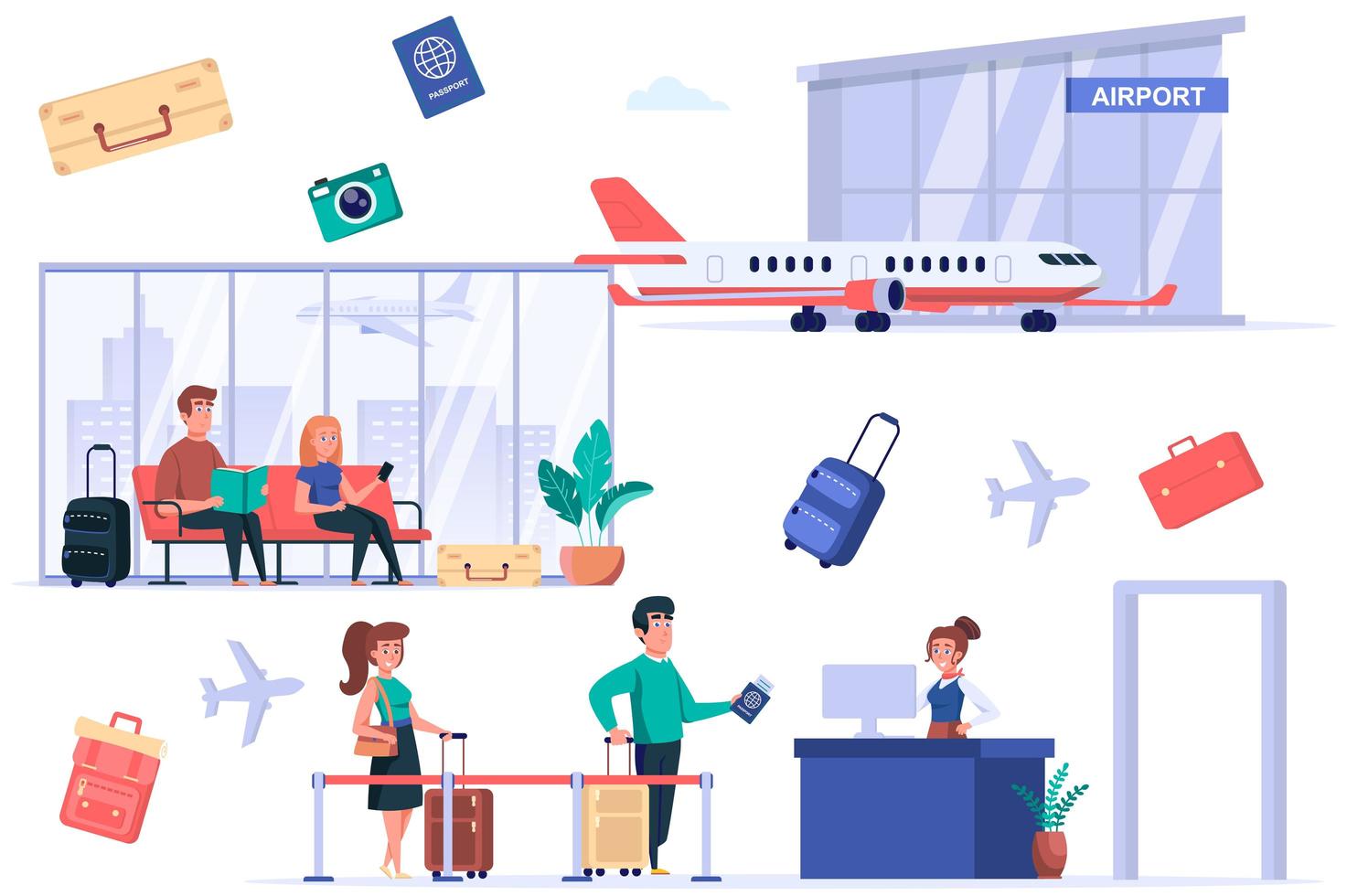Airport terminal isolated elements set. Bundle of passengers go passport control, tourists with luggage sitting in waiting room, world trip. Creator kit for vector illustration in flat cartoon design