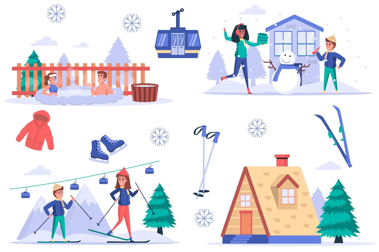 Ski resort isolated elements set. Bundle of people rest in mountains in winter, swim in hot bathtub, make snowman, go skiing and funicular. Creator kit for vector illustration in flat cartoon design