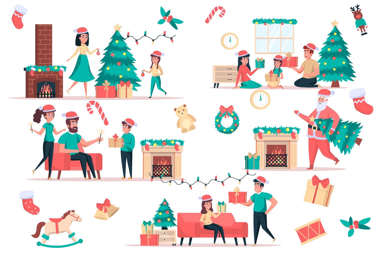 Christmas celebrate isolated elements set. Bundle of family gives gifts, decorates tree, santa by fireplace, festive party decor and toys. Creator kit for vector illustration in flat cartoon design