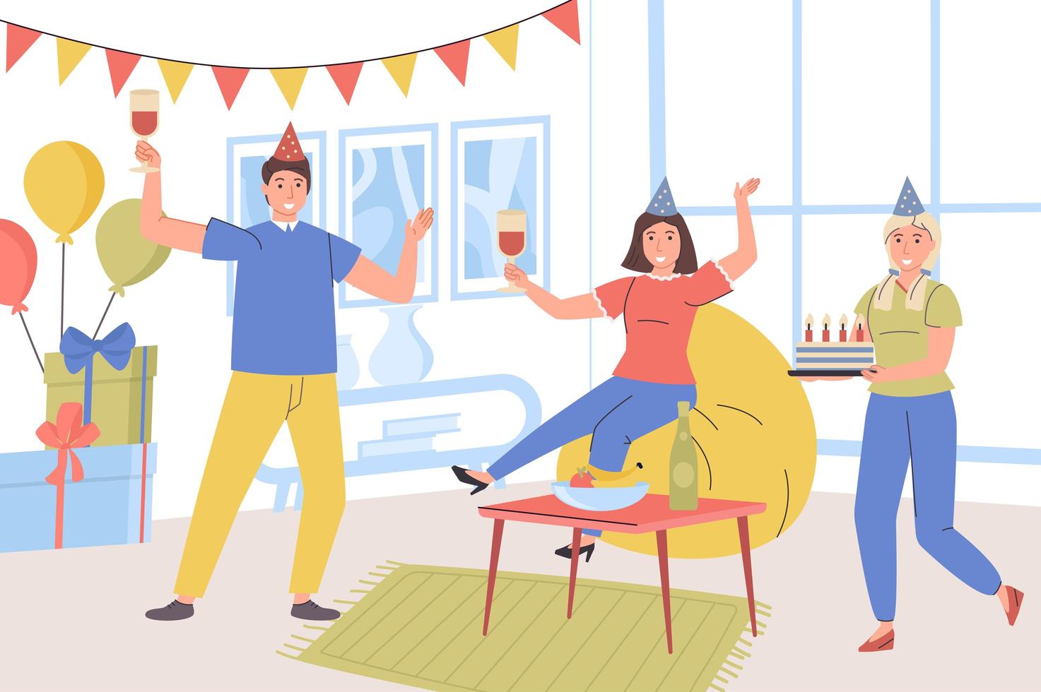Birthday party at home concept. Man and woman in festive hats have fun, congratulate on holiday, drink, give gifts and cake, friends spend time together. Vector illustration in trendy flat design