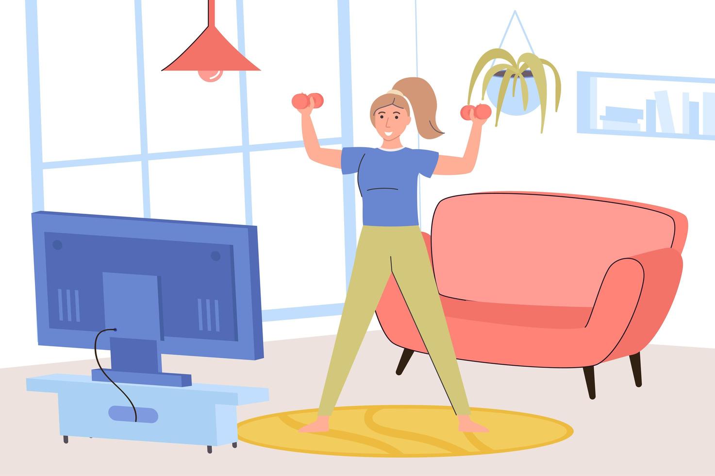 Fitness at home concept. Happy woman exercising with dumbbells and watching video lesson with workout, engaging in sports activity in living room with TV. Vector illustration in trendy flat design