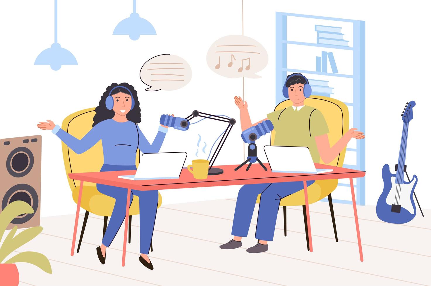 Recording audio podcast concept. Man and woman with headphones talking to microphone, recording conversation or interview, live stream or educational lecture. Vector illustration in trendy flat design