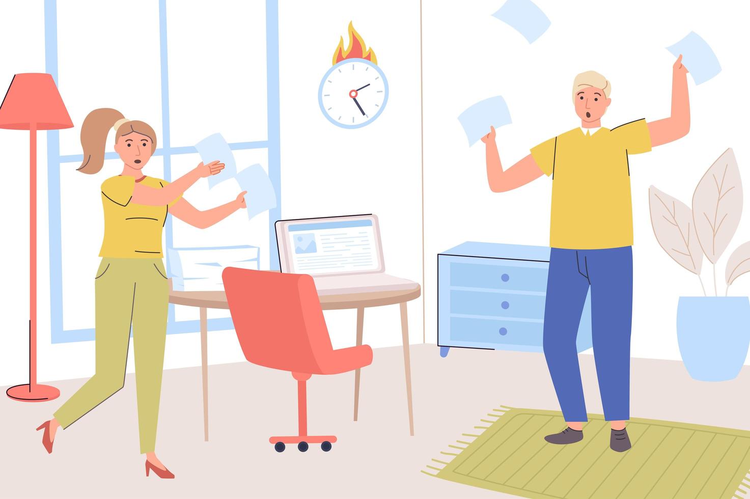 Deadline concept. Frightened employees fail to complete their work tasks on time. Overworked workers rush to complete paperwork in office. Time management. Vector illustration in trendy flat design