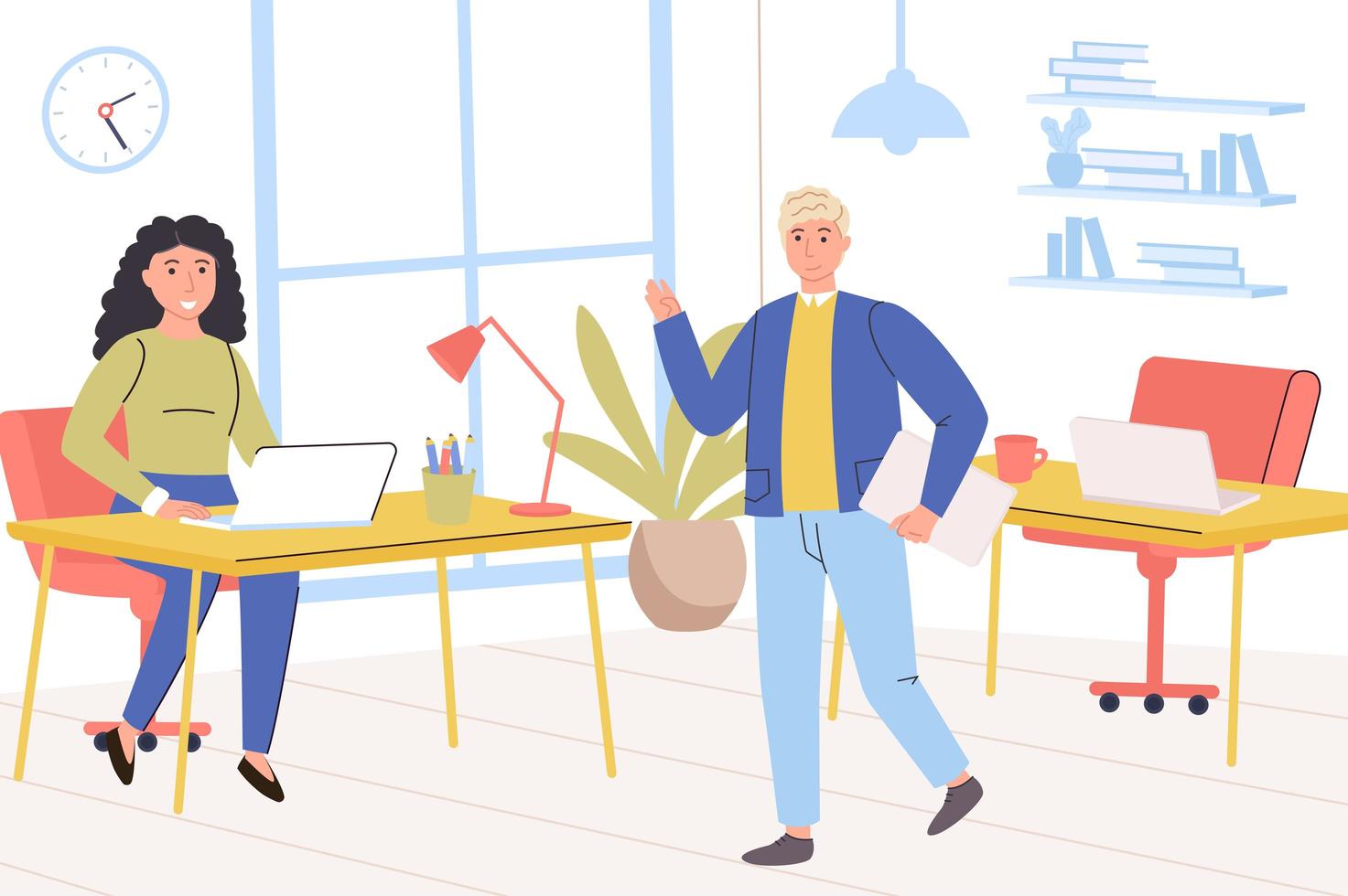 Business office concept. Happy man and woman colleagues greeting each other, employees communicate and discuss work tasks, partnership and cooperation. Vector illustration in trendy flat design