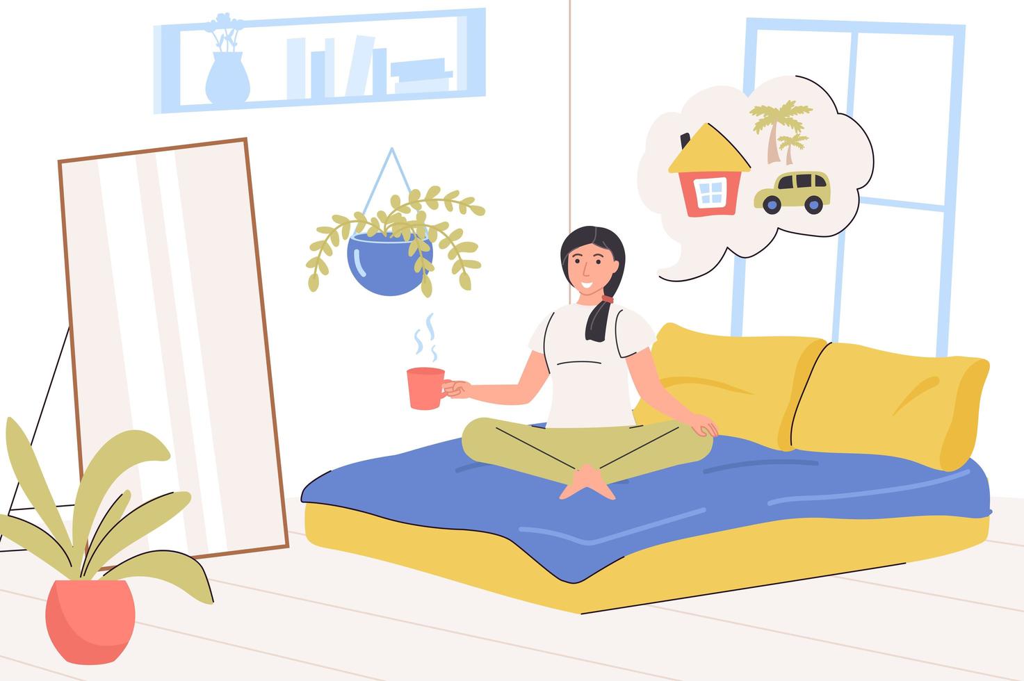 Dreaming people concept. Happy woman thinking about home, car and future travels while sitting on bed in bedroom. Imagination, inspiration and goal setting. Vector illustration in trendy flat design