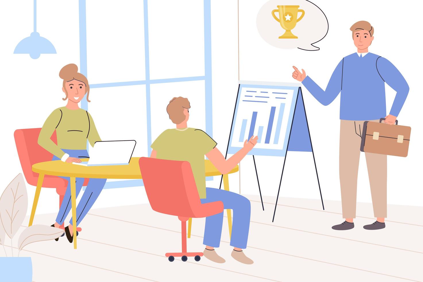 Leadership concept. Team of employees at business meeting, data analysis and goal setting, achieving better results, success and development of company. Vector illustration in trendy flat design