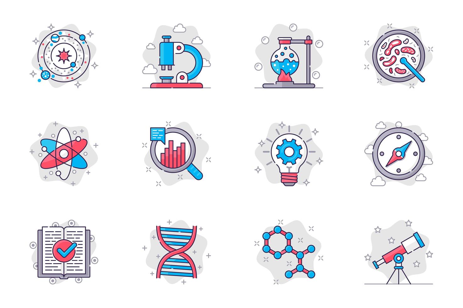 Science concept flat line icons set. Scientific research and lab equipment. Bundle of astronomy, microscope, test, flask, atom, molecule, other. Vector conceptual pack outline symbols for mobile app