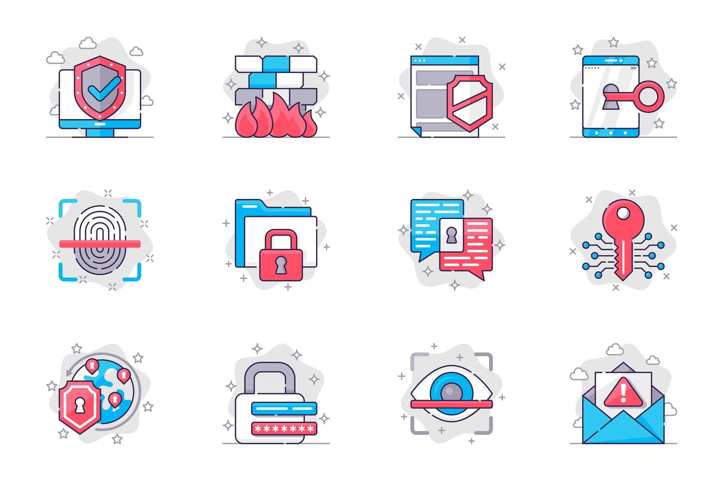 Conjunto de iconos de línea plana de concepto de seguridad cibernética. protección de datos en internet. paquete de escudo, acceso, clave, huella digital, privacidad, contraseña, otro. símbolos de esquema de paquete conceptual vectorial para aplicaciones móviles vector