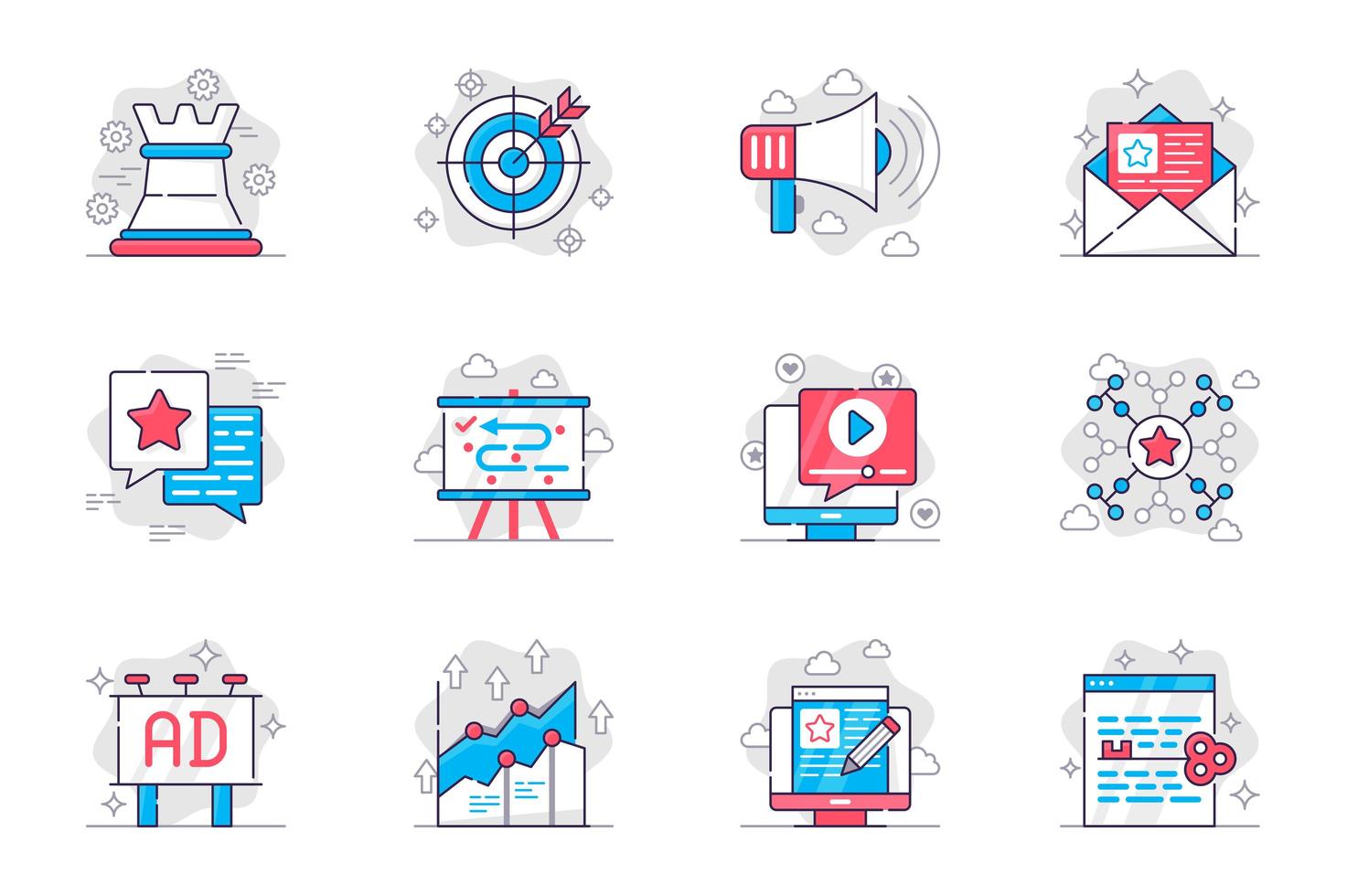 Marketing concept flat line icons set. Successful business promotion strategy. Bundle of target, attraction, networking, optimization and other. Vector conceptual pack outline symbols for mobile app