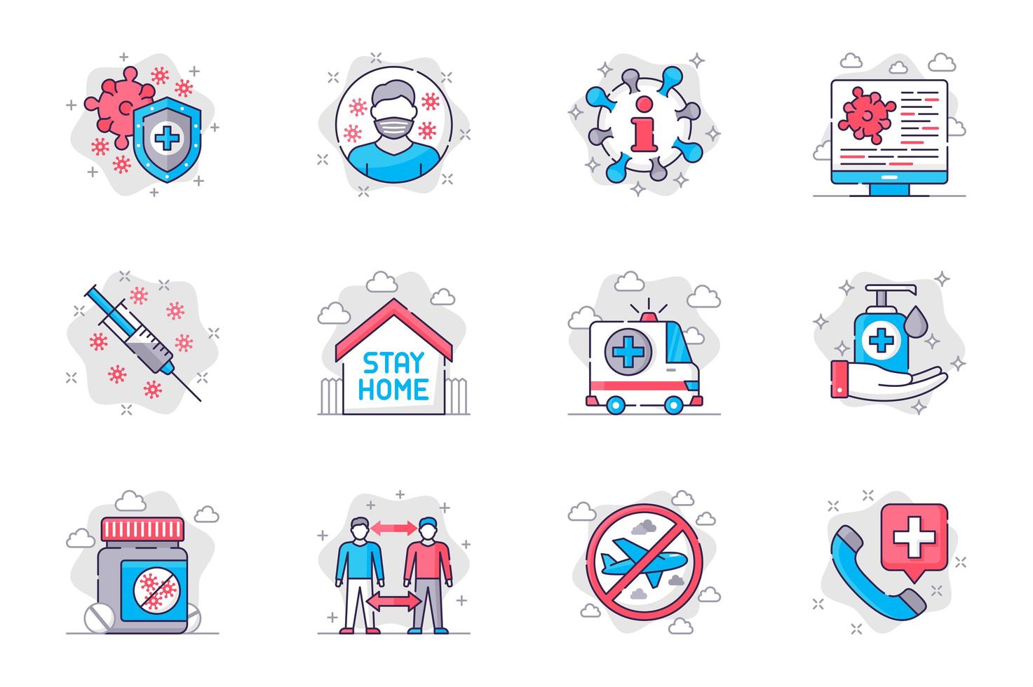 Coronavirus prevention concept flat line icons set. Vaccination and prevention of disease. Bundle of medical mask, stay home, disinfection, other. Vector conceptual pack outline symbols for mobile app