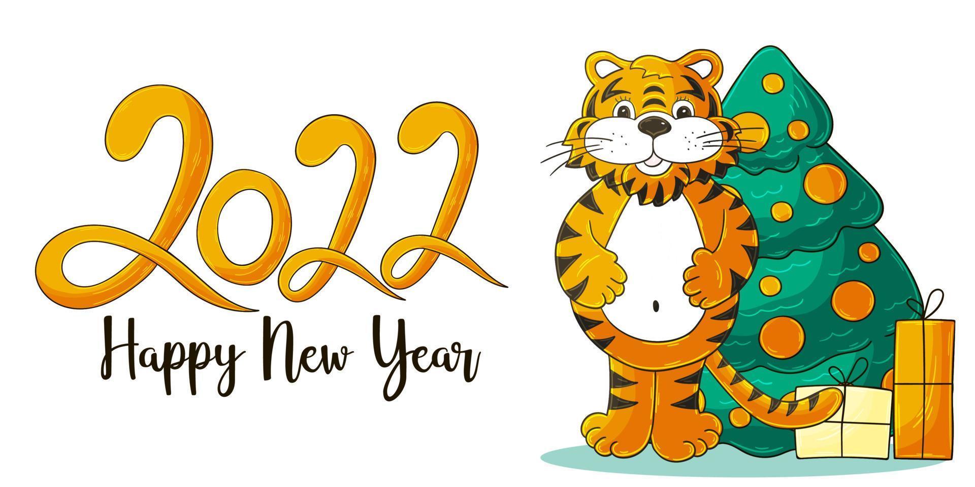 Symbol of 2022. Illustration with tiger in hand draw style. New Year 2022 vector