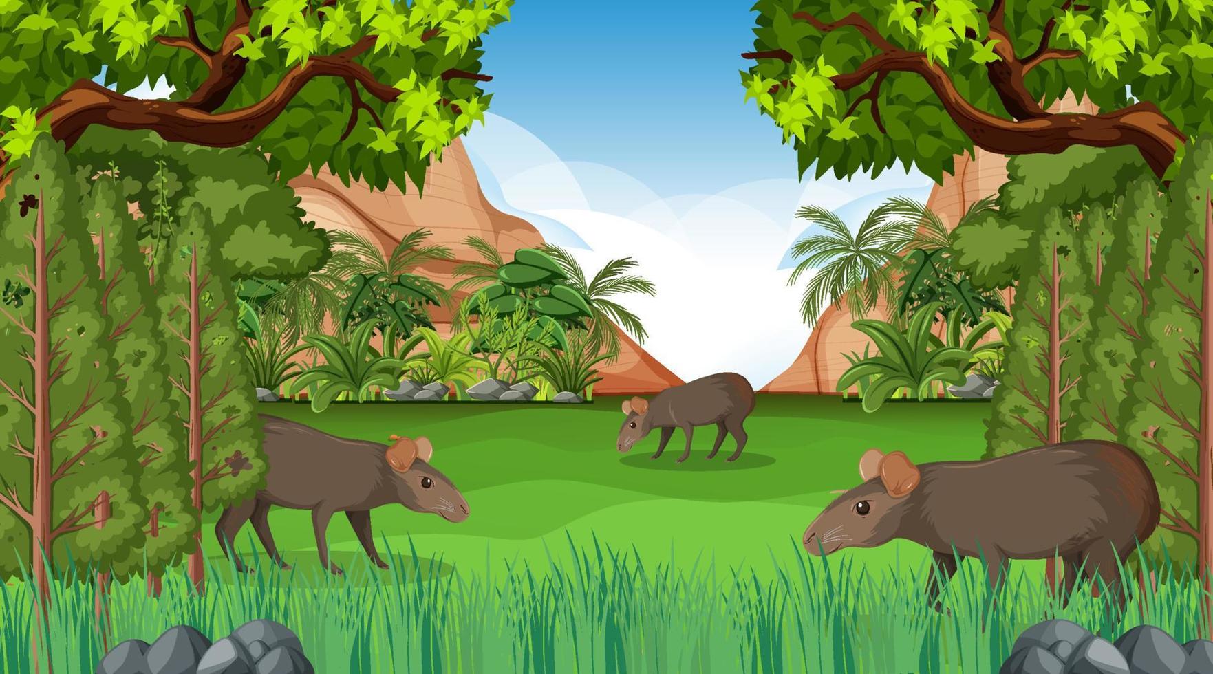 Capybara family in forest scene with many trees vector
