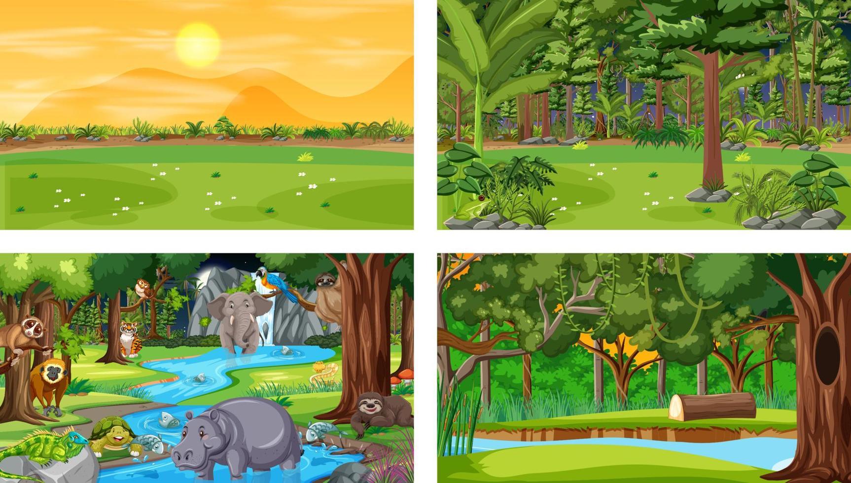Set of different forest horizontal scene with various wild animals vector