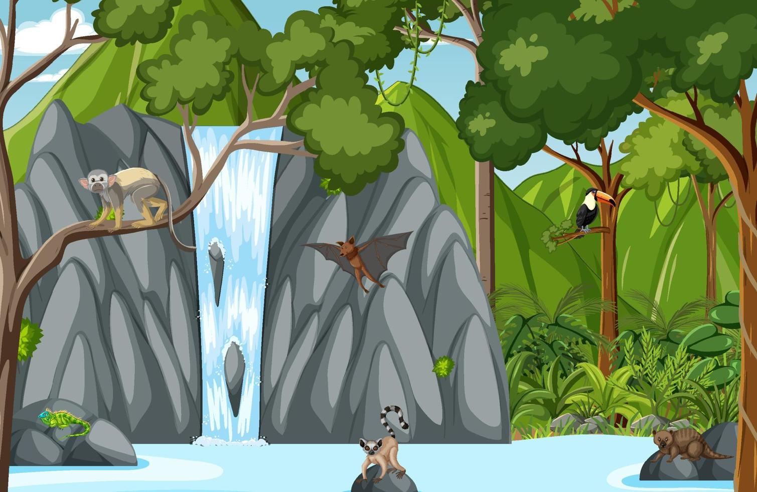 Wild animals with waterfall in the forest scene vector