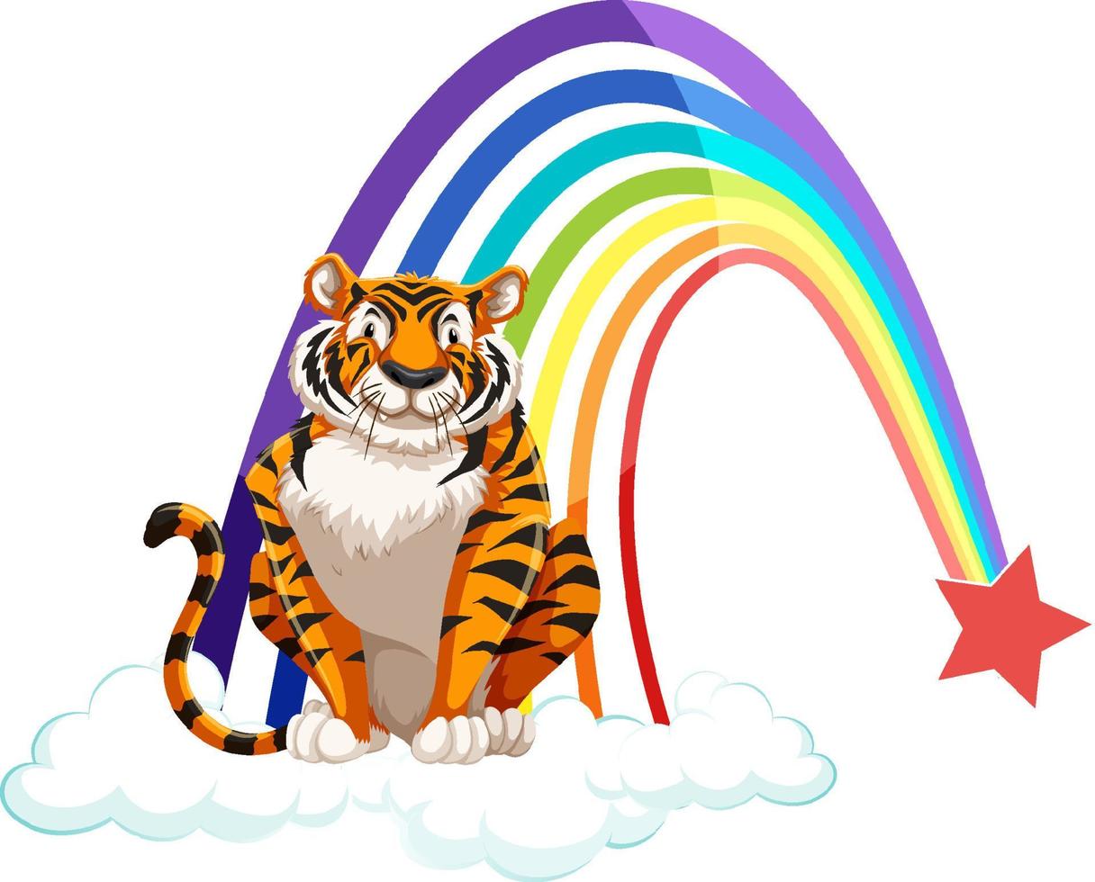 A tiger sitting on the cloud with rainbow on white background vector