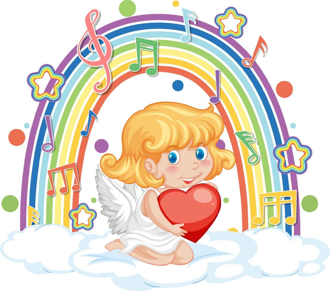 cupido, niña, tenencia, corazón, con, melodía, símbolos, en, arco iris vector