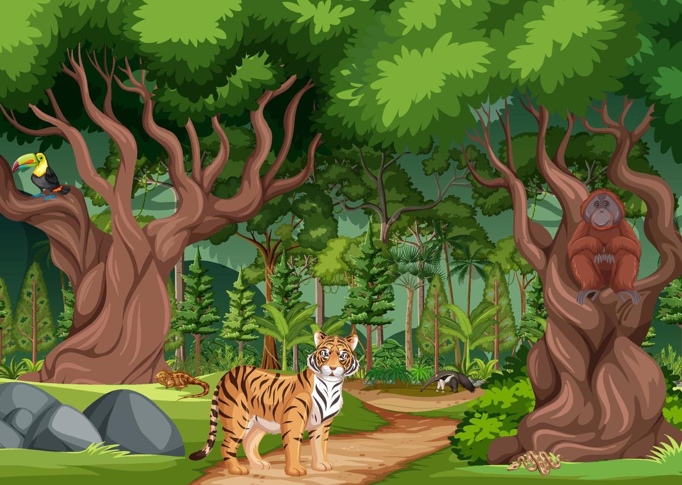 Escena de bosque lluvioso o bosque tropical con diferentes animales salvajes. vector