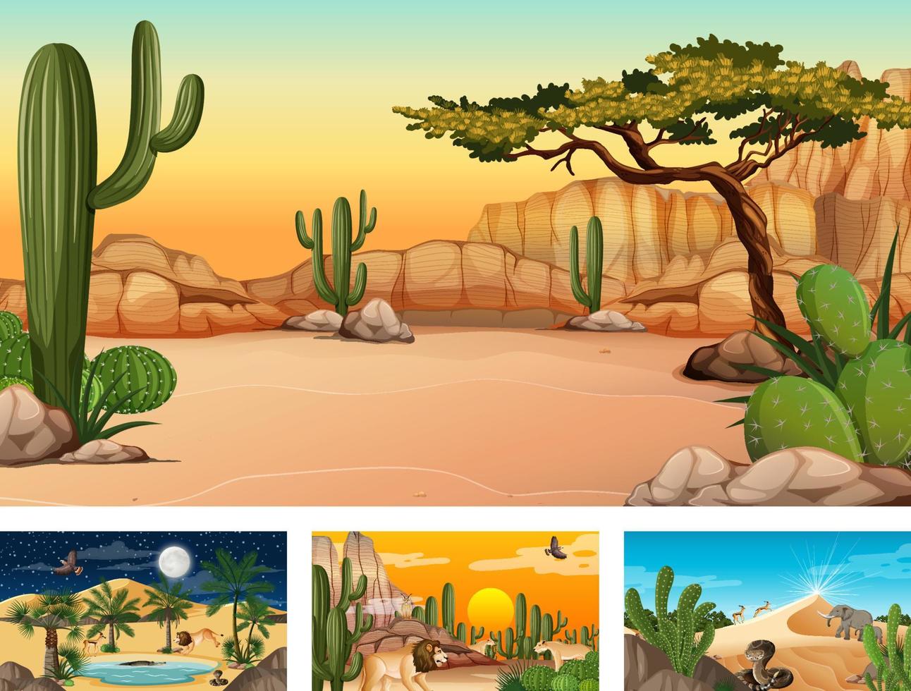 Different scenes with desert forest landscape with animals and plants vector