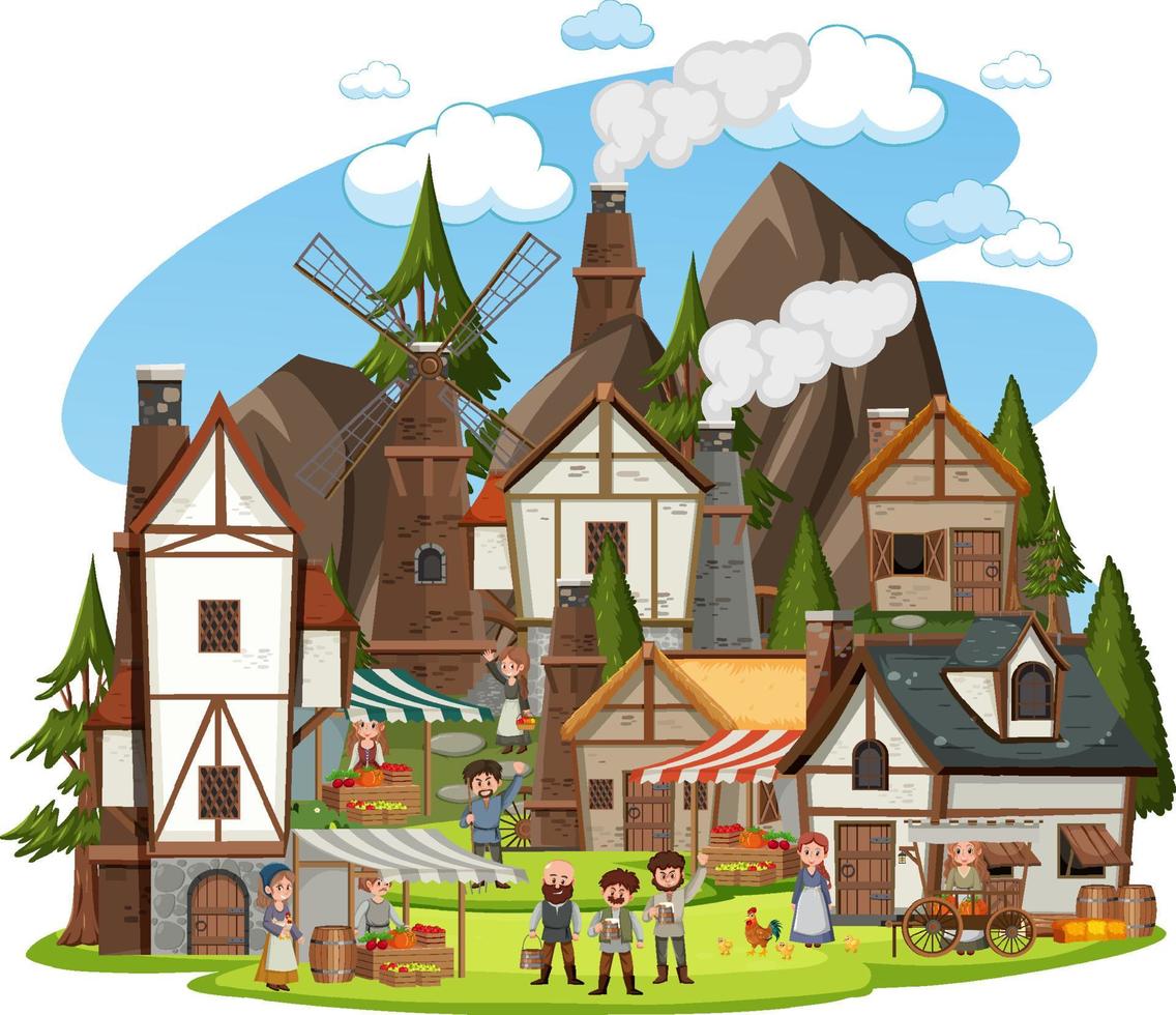 Medieval village with villagers on white background vector