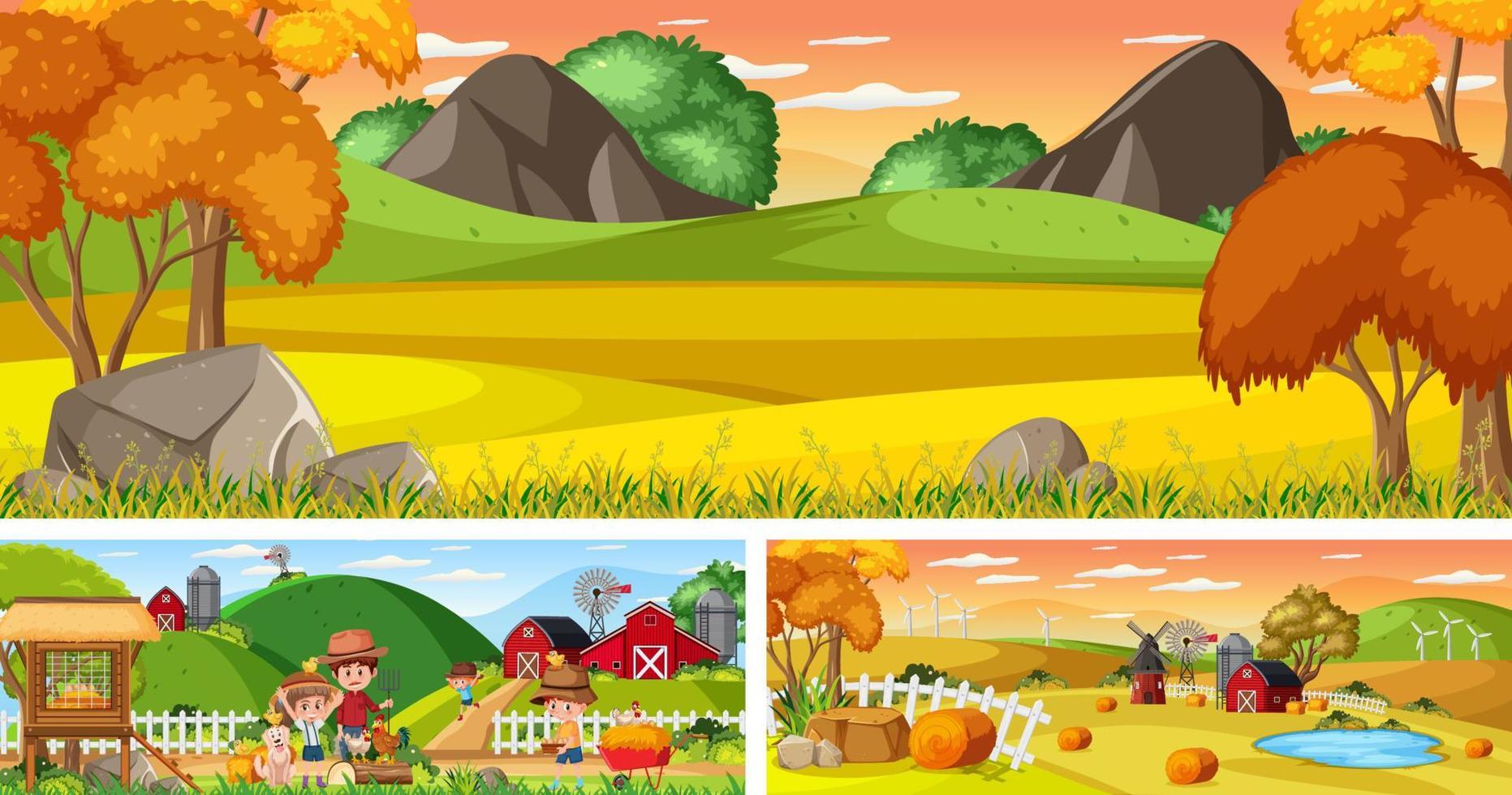 Set of different outdoor panoramic landscape scenes with cartoon character vector