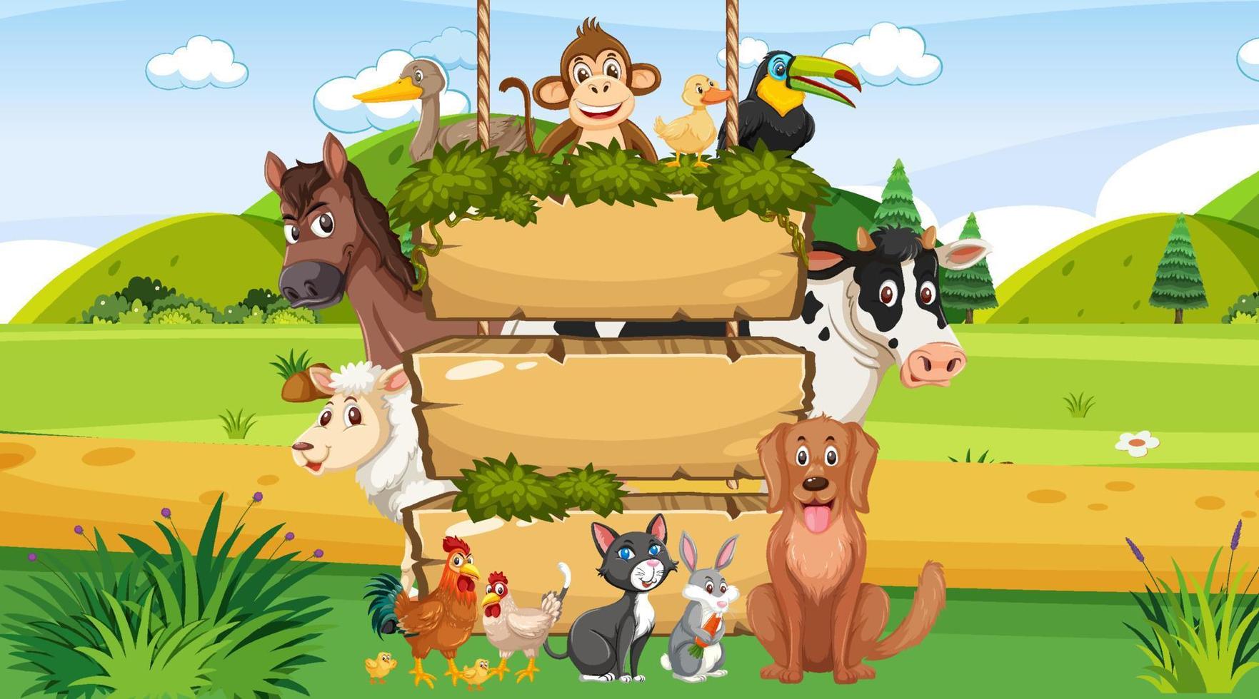 Empty wooden hanging board with various wild animals in the forest vector