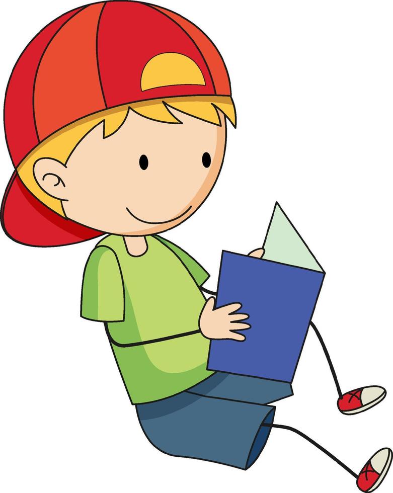 A doodle kid reading a book cartoon character isolated vector