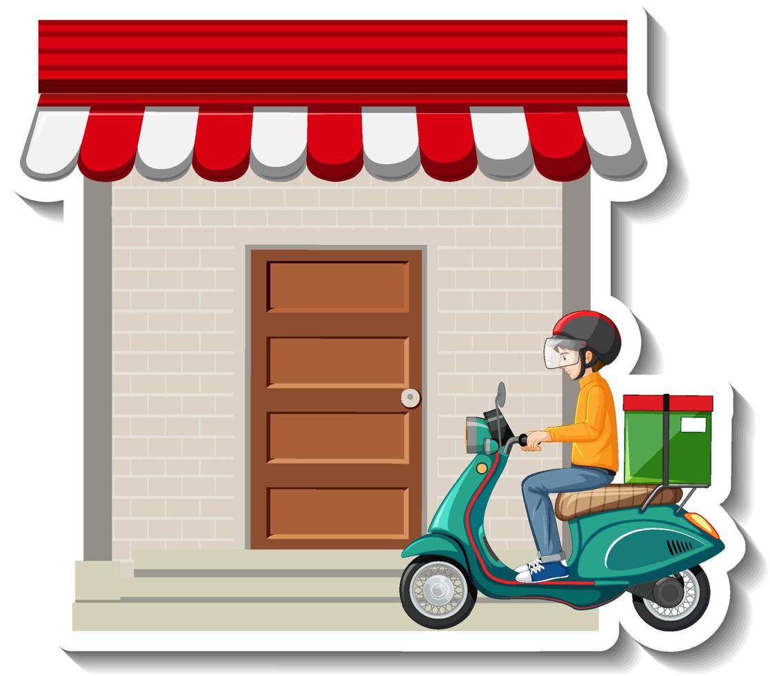 A sticker template with delivery man riding scooter vector