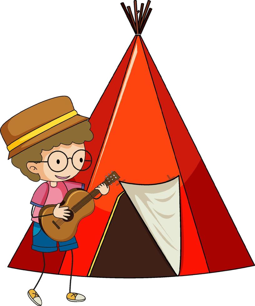 Camping tent with doodle kids cartoon character isolated vector