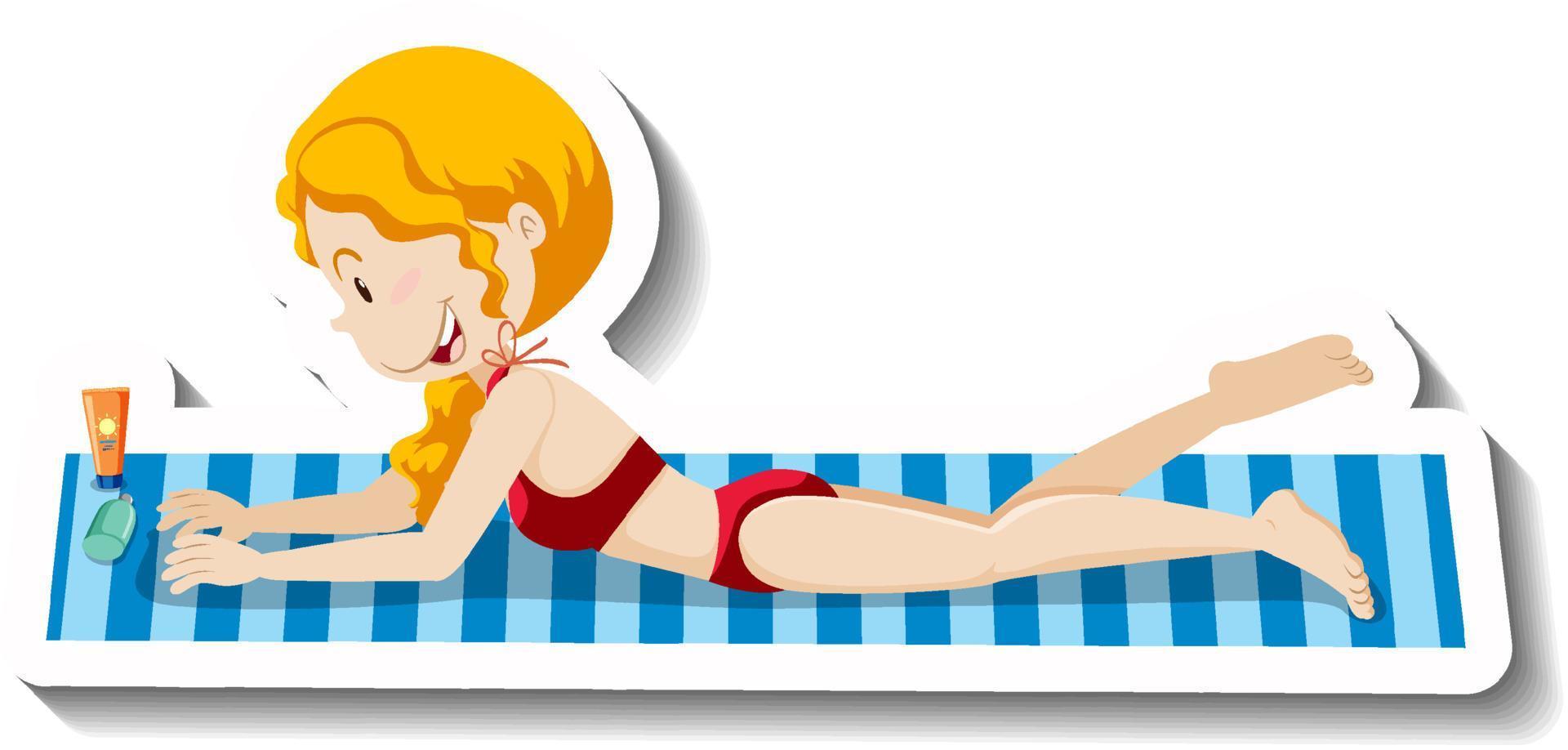 Girl laying on beach mat cartoon sticker vector