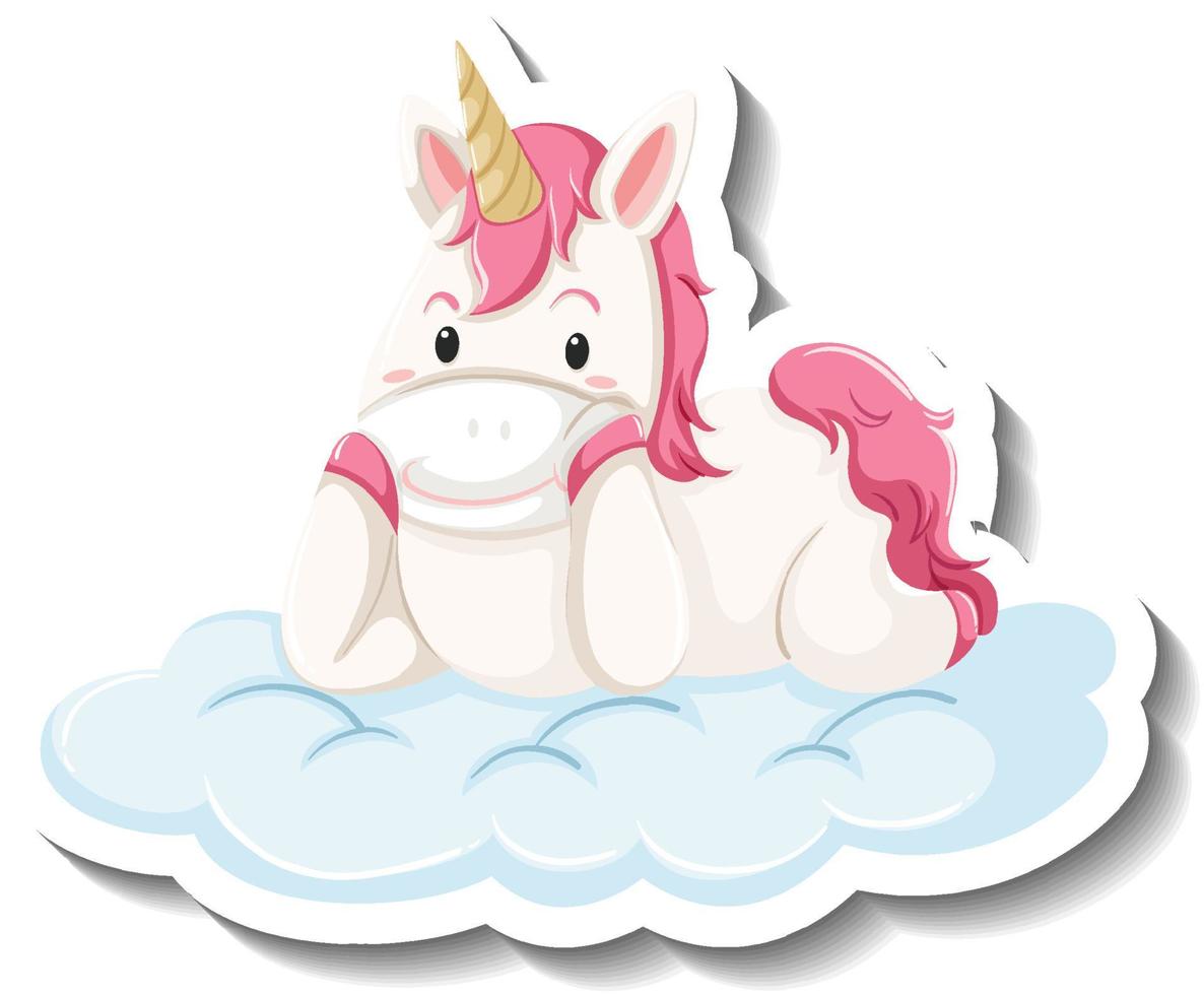 Cute unicorn laying on the cloud cartoon sticker vector