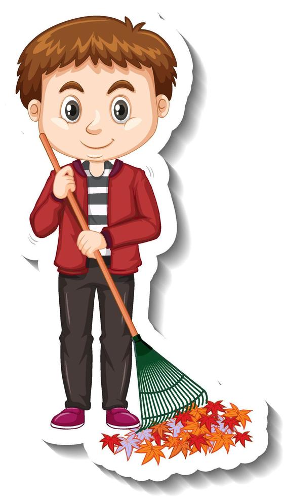 A boy holding broom cartoon character sticker vector