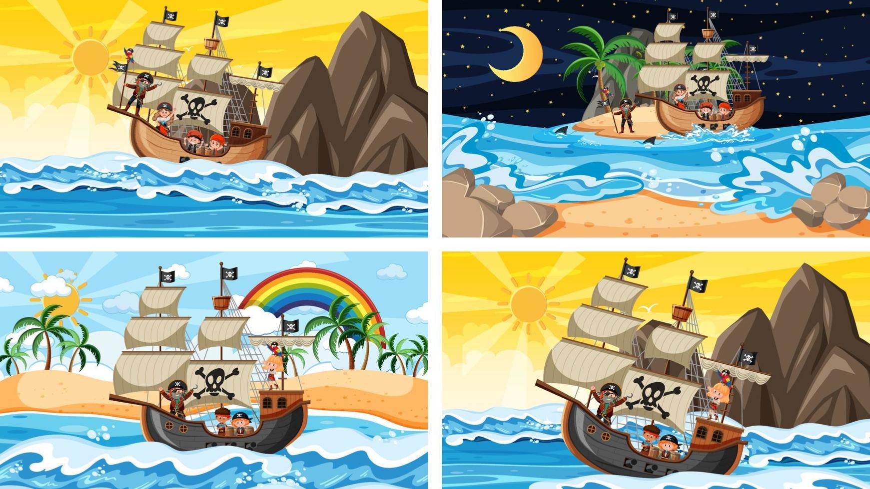 Set of different beach scenes with pirate ship and pirate cartoon character vector