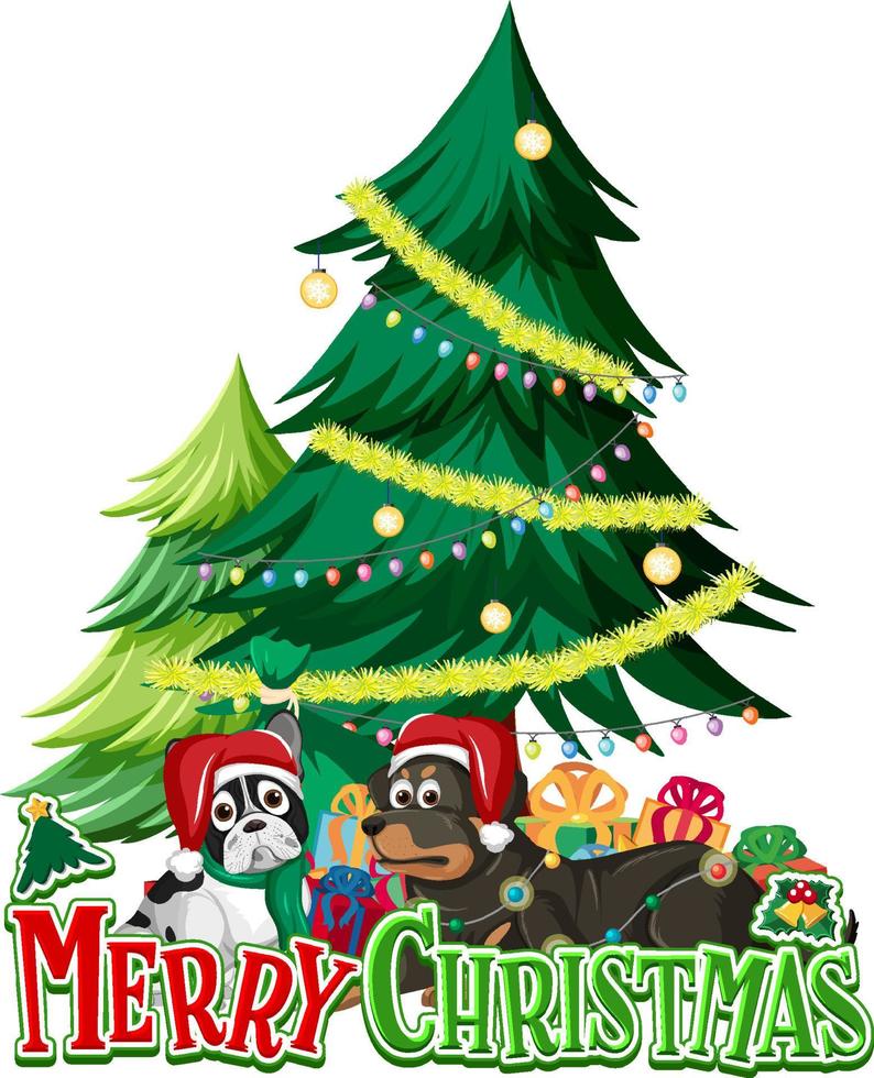 Merry Christmas font with Christmas tree and cute dogs vector