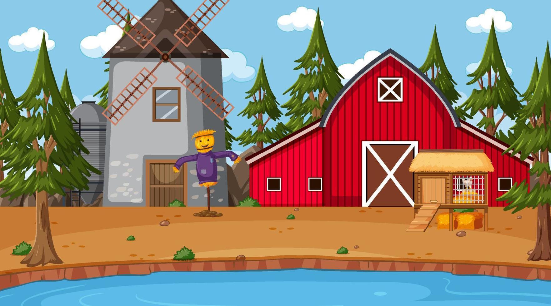 Empty farm scene with red barn and windmill vector